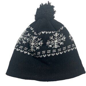 Black Knit Winter Hat With Snowflake Design & Pom Fleece Lined One Size Fits All